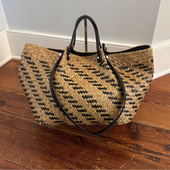 AllSaints Allington Straw Tote Bag Womens Black Handles Tan Woven Purse Damaged - Picture 2 of 16
